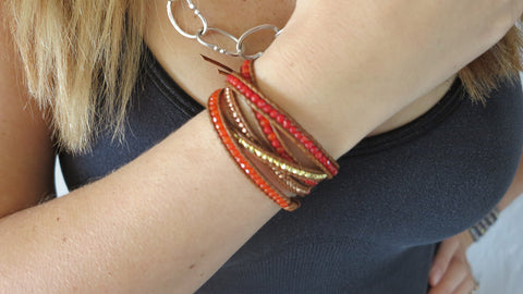 Red Coral Mix & Gold Wrap Bracelet