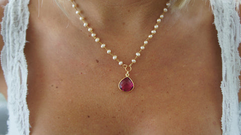 Pink Quartz on Pearl and Gold Chain